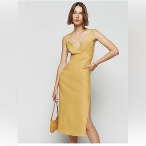 Reformation “Allira” Linen Tent V-neck Zip Sleeveless Mustard Midi Dress XS